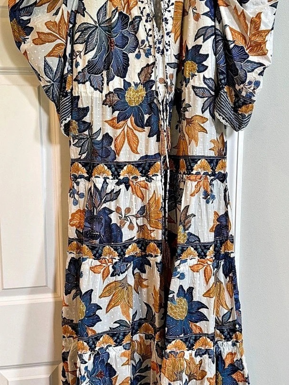 FARM Floral Maxi Dress in White & Blue Size Large